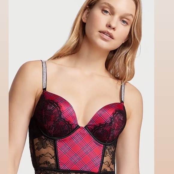 Victoria secret Bombshell Add 2 Cups Push up 34A Longline Lace Plaid NWT - Picture 2 of 9